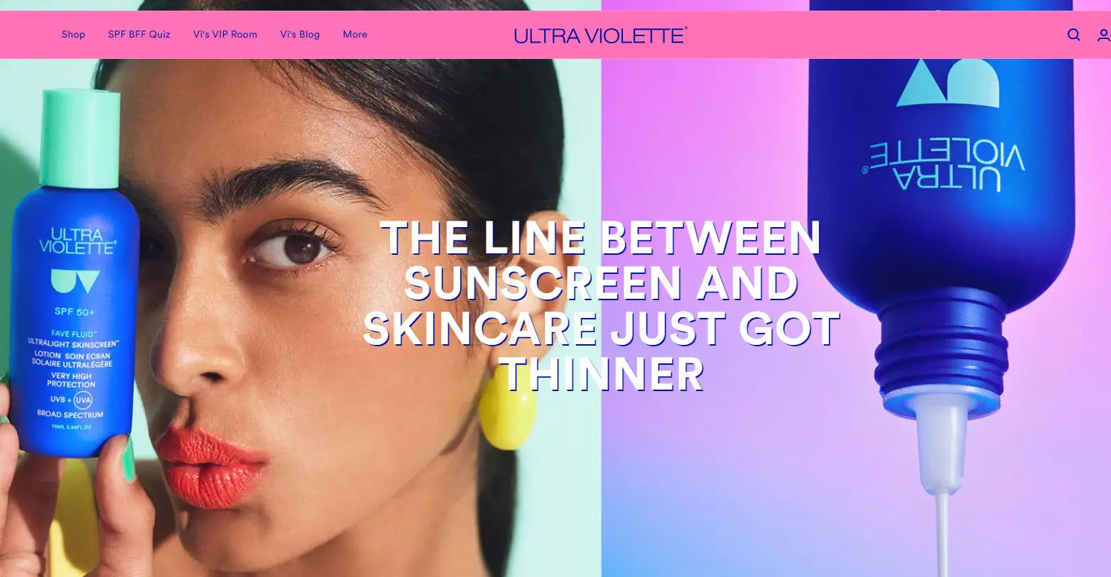 Screenshot of Ultra Violette website showing skincare-inspired sunscreen positioning with facial SPF and beauty-driven sun care branding