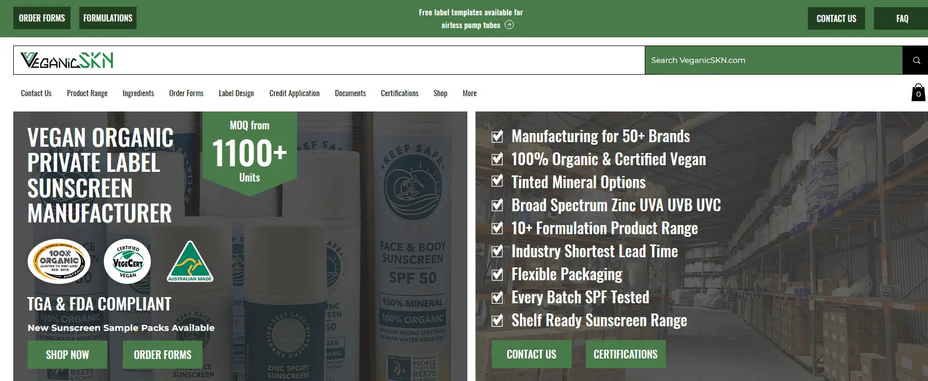 Screenshot of Veganicskn website showing vegan organic private label sunscreen manufacturing, MOQ information, SPF testing, and certified vegan sunscreen positioning