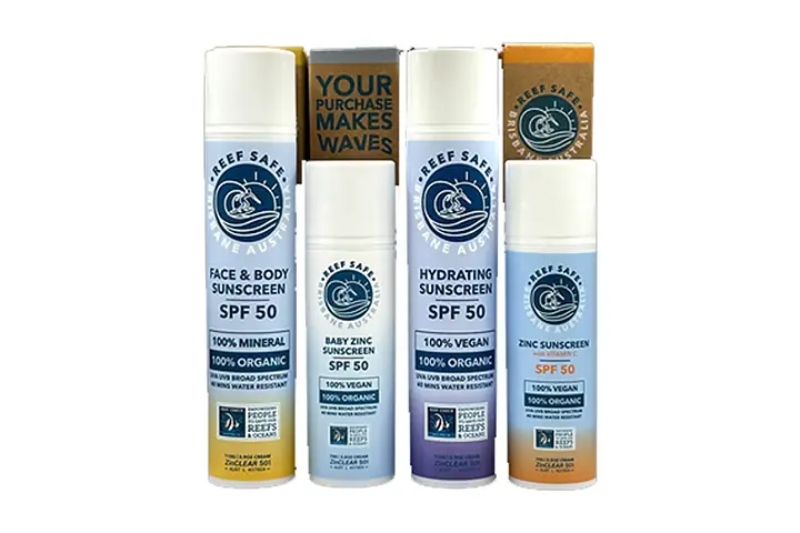 Image of Veganicskn reef safe sunscreen products including face and body sunscreen, baby zinc sunscreen, hydrating sunscreen, and zinc SPF 50 sunscreen