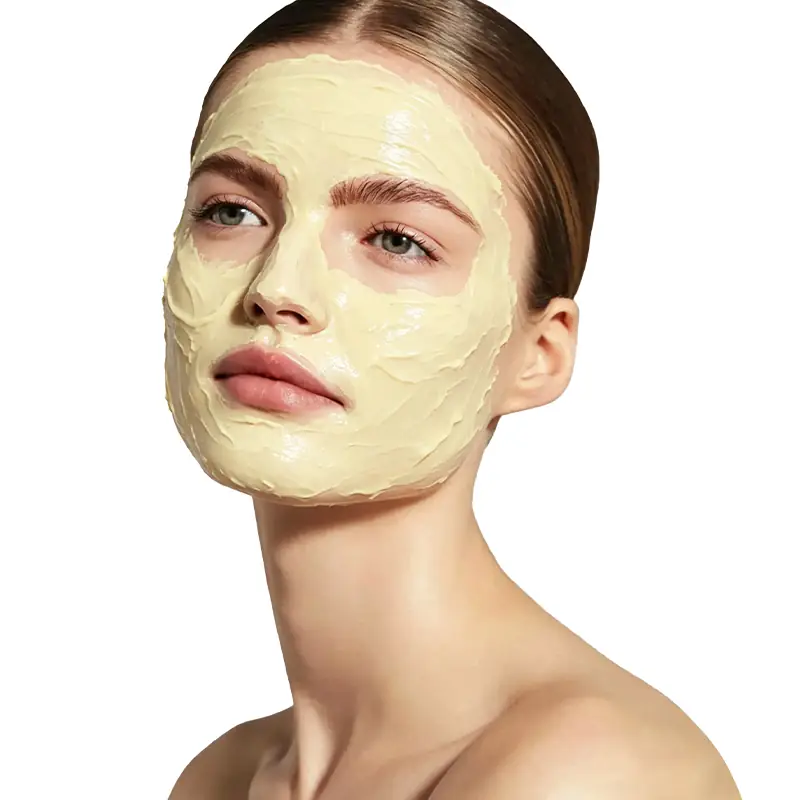 Wash-Off Mango Polypeptide Facial Mask Model applying mango polypeptide wash-off facial mask for brightening hydration and early aging skin care
