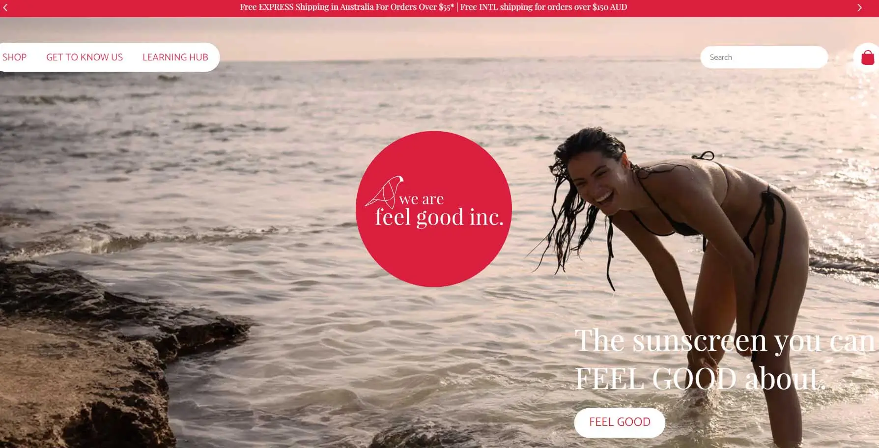 Screenshot of We Are Feel Good Inc website showing an Australian sunscreen lifestyle brand with beach positioning and daily SPF product identity