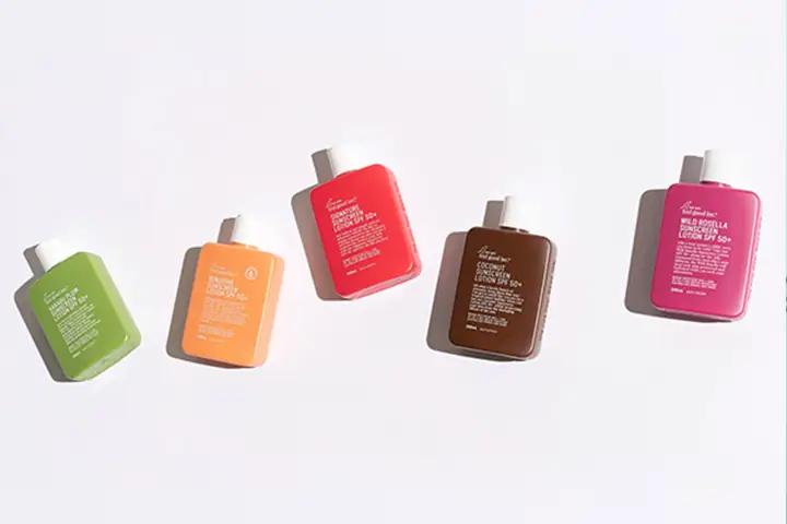 Image of We Are Feel Good Inc sunscreen products in different colors, representing lifestyle sunscreen, daily SPF, and Australian sun care product positioning