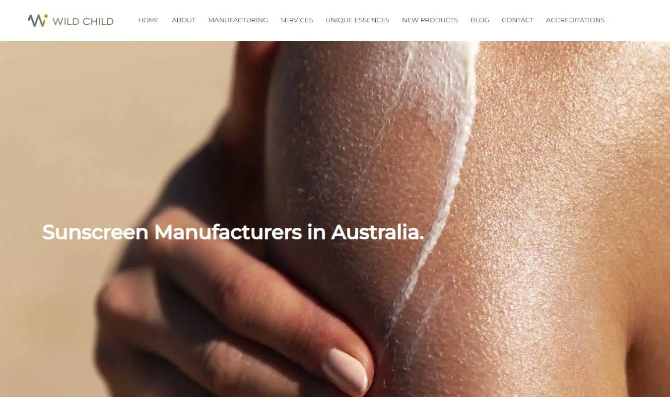 Screenshot of Wildchild website showing sunscreen manufacturing in Australia and private label sun care production positioning