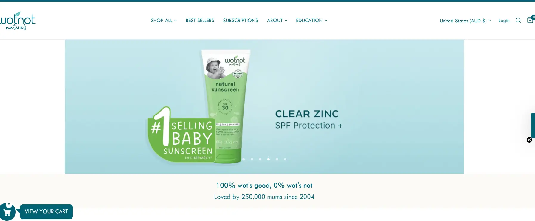 Screenshot of Wotnot Naturals website showing natural baby sunscreen, clean zinc SPF protection, and family-friendly Australian sun care positioning