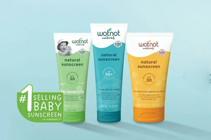 Image of Wotnot Naturals sunscreen products including baby sunscreen and natural sunscreen tubes, representing family-friendly, sensitive-skin, and natural SPF skincare products from Australia.