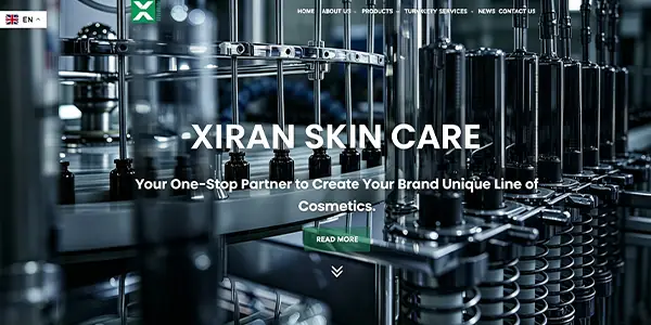 Xiran Skincare private label manufacturer homepage showing cosmetic production and OEM services