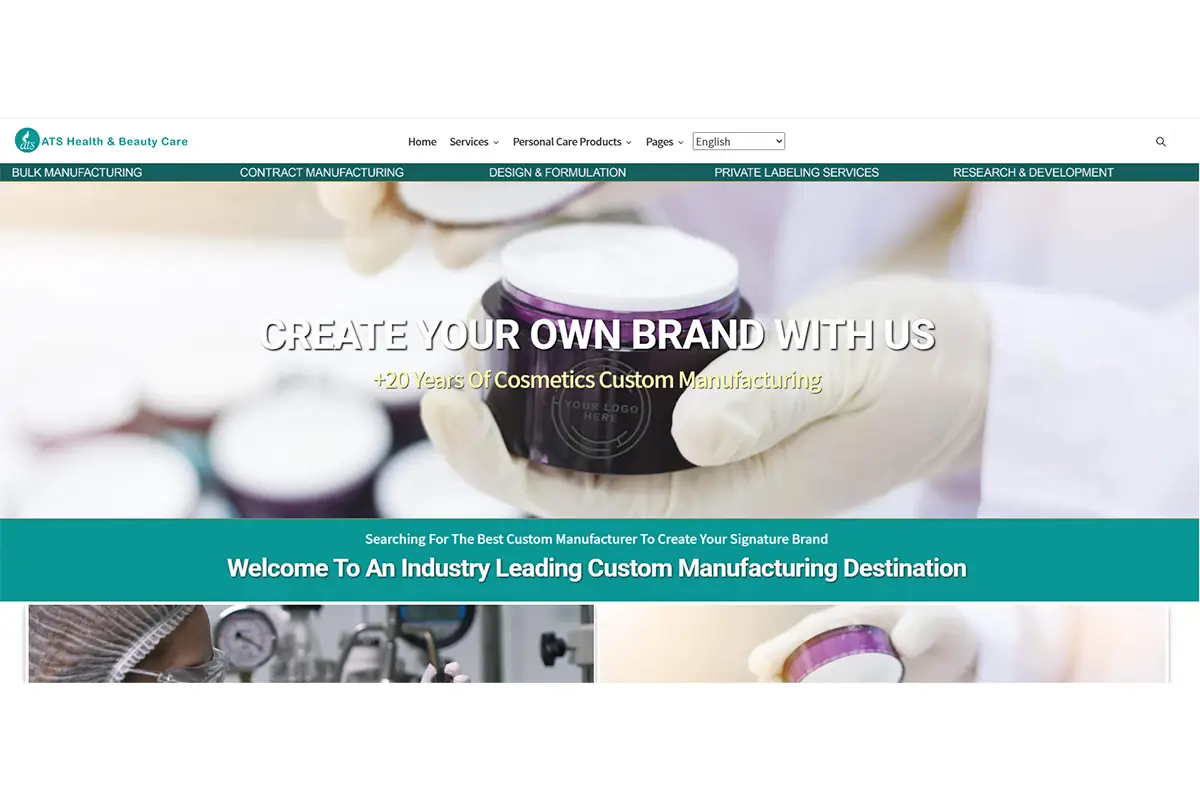 Screenshot of ATS Health & Beauty Care official website showing private label and contract manufacturing services for shampoo, conditioner, hair care, skincare and personal care products in Canada