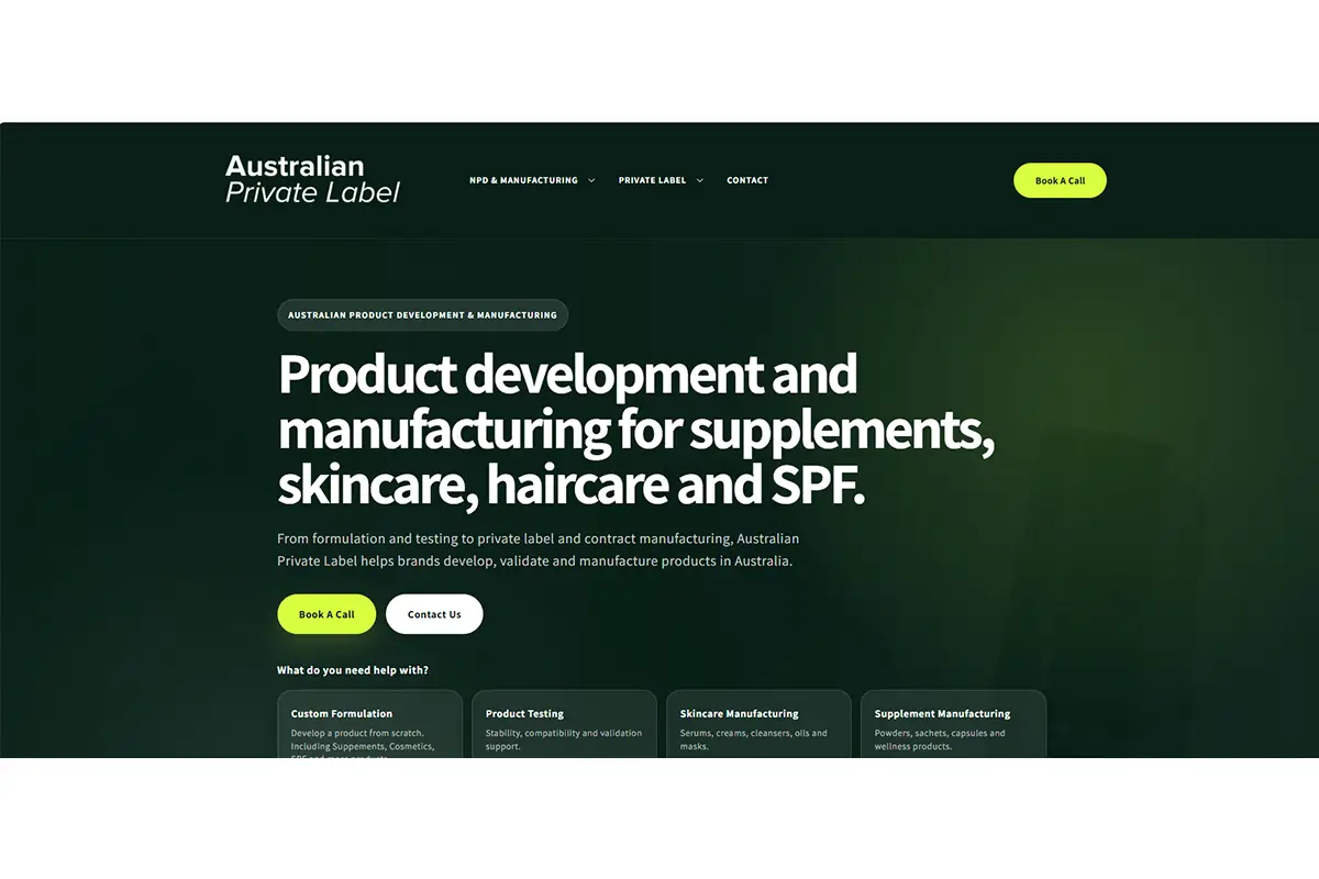 Screenshot of Australian Private Label official website showing product development, private label manufacturing, custom formulation, testing and production for skincare, haircare, SPF and supplements