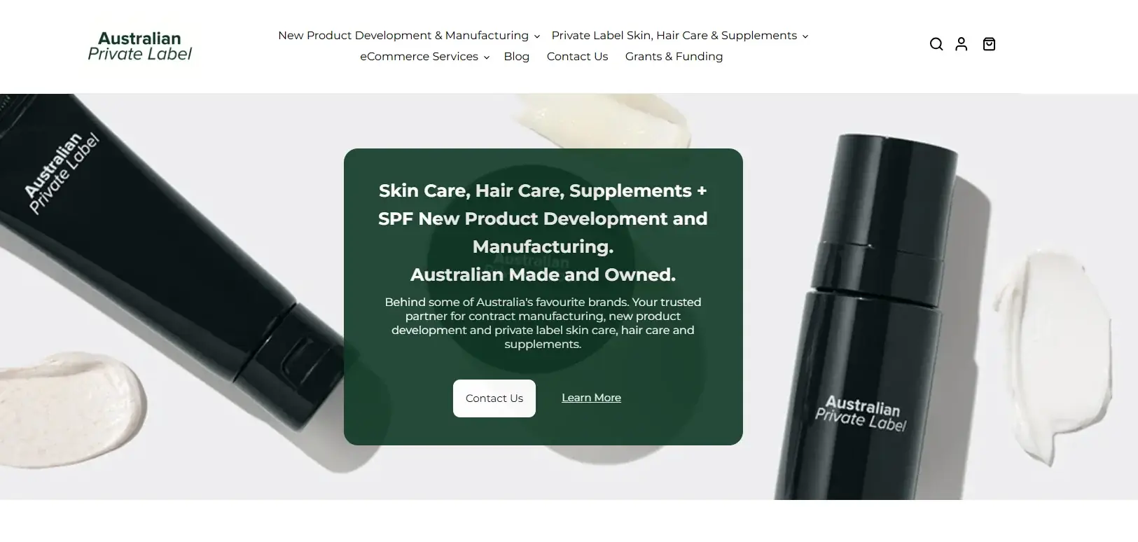 Australian Private Label website screenshot showing skin care, hair care, supplements, and SPF product development services