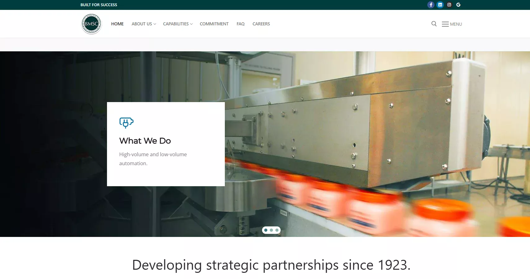 Screenshot of Beauty Manufacturing Solutions Corp website representing US contract manufacturing for color cosmetics, skincare, hair care, fragrance, and private label beauty products