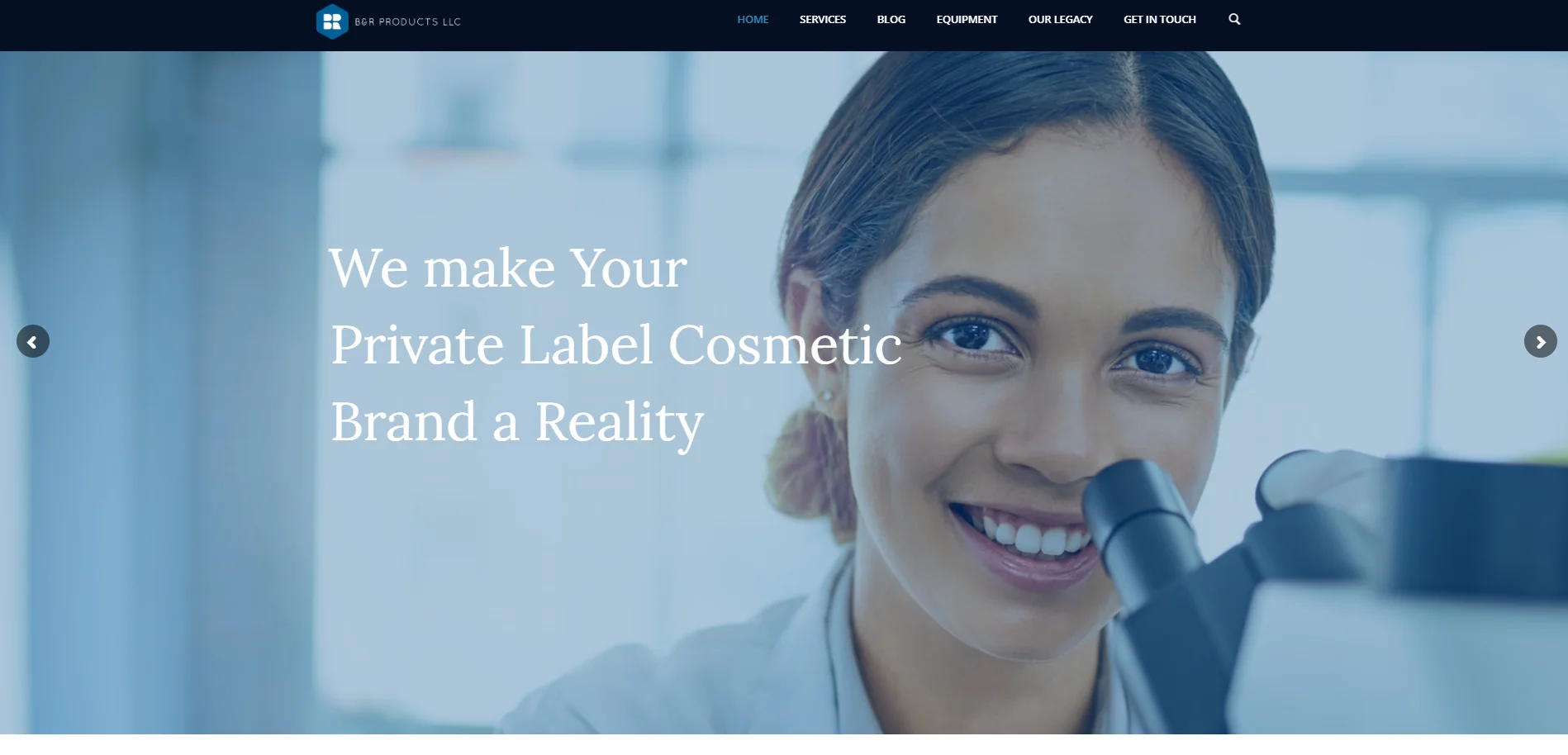 Screenshot of B&R Products website representing private label cosmetics, skincare, hair care, global compliance support, and concept-to-shelf beauty manufacturing