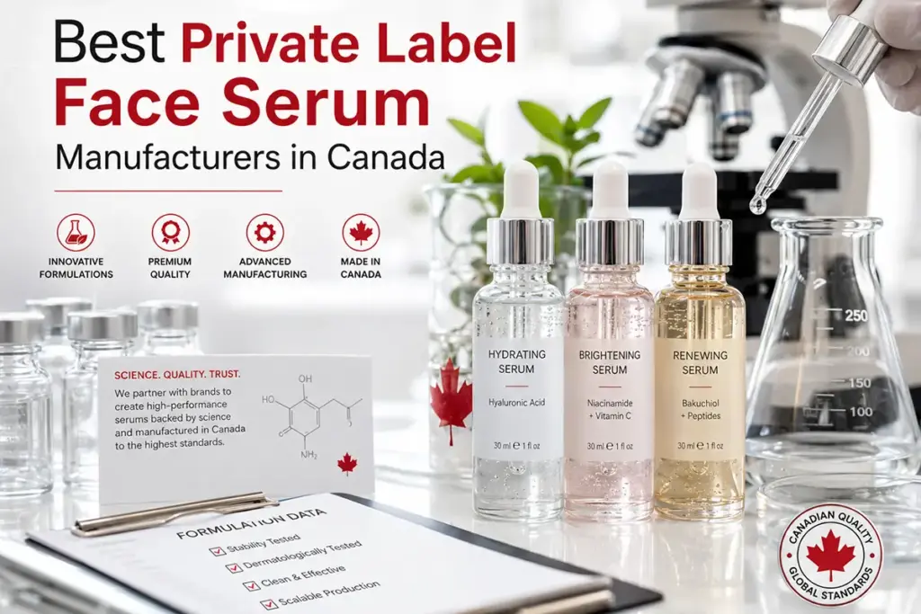Laboratory-style private label face serum bottles with Canadian skincare manufacturing elements for brands comparing face serum manufacturers in Canada