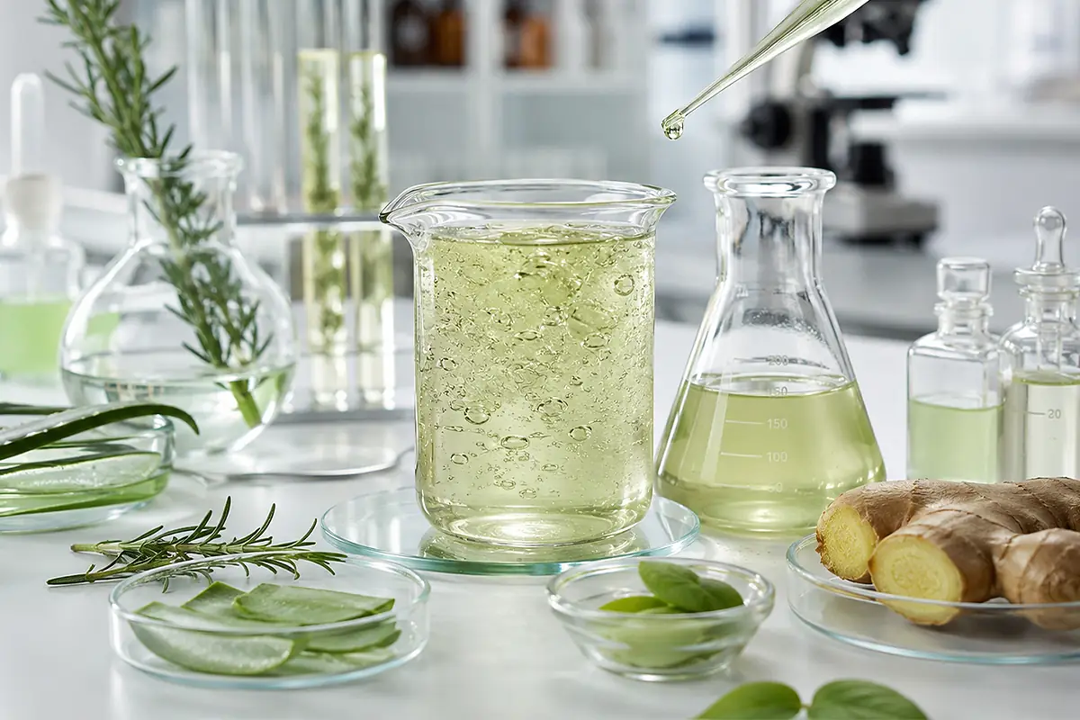 Botanical hair care formula development with rosemary ginger aloe vera and plant extract samples in a laboratory