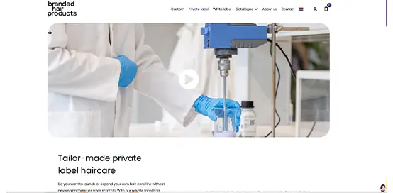 Branded Hair Products website screenshot showing private label hair products and custom hair care development in the Netherlands