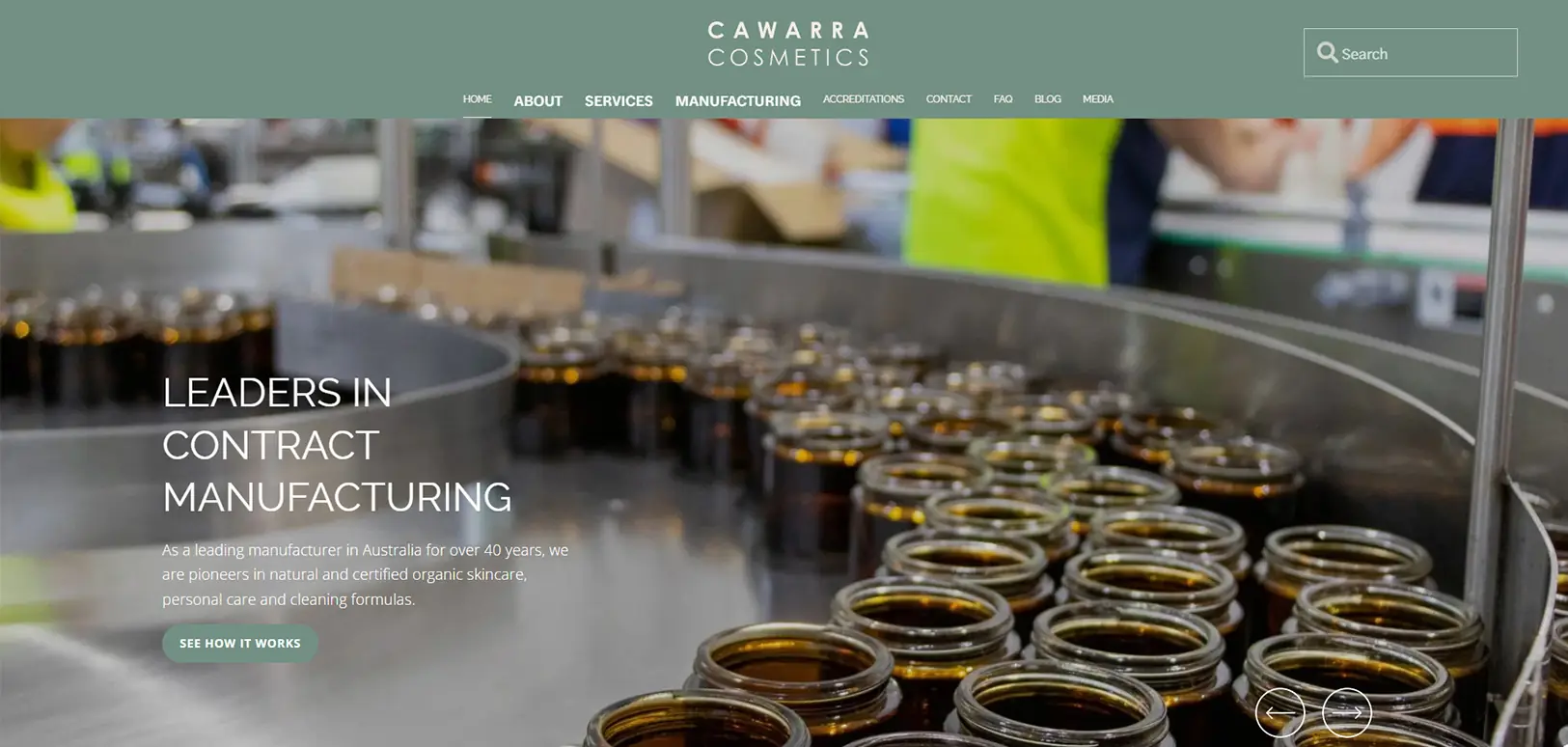 CAWARRA Cosmetics website screenshot showing natural skincare and contract manufacturing production line in Australia
