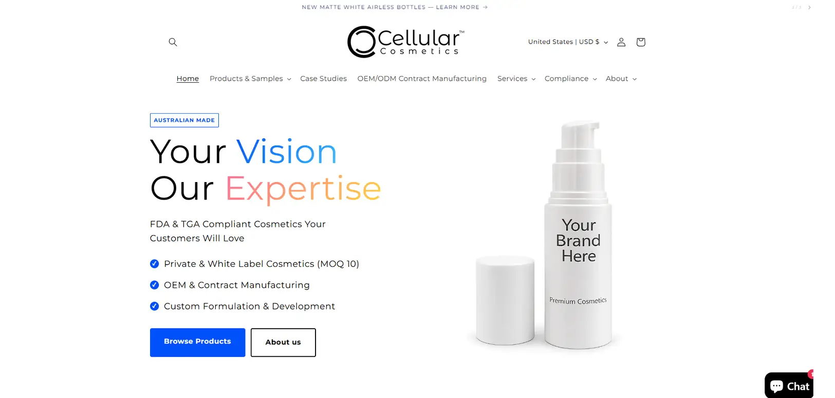 Cellular Cosmetics website screenshot showing Australian private label cosmetics, custom formulation, and OEM manufacturing services