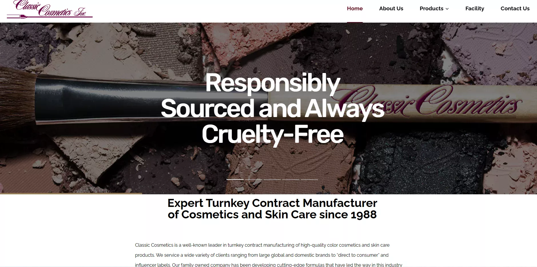 Screenshot of Classic Cosmetics website representing US-based private label cosmetics, skincare, color makeup, and beauty manufacturing support