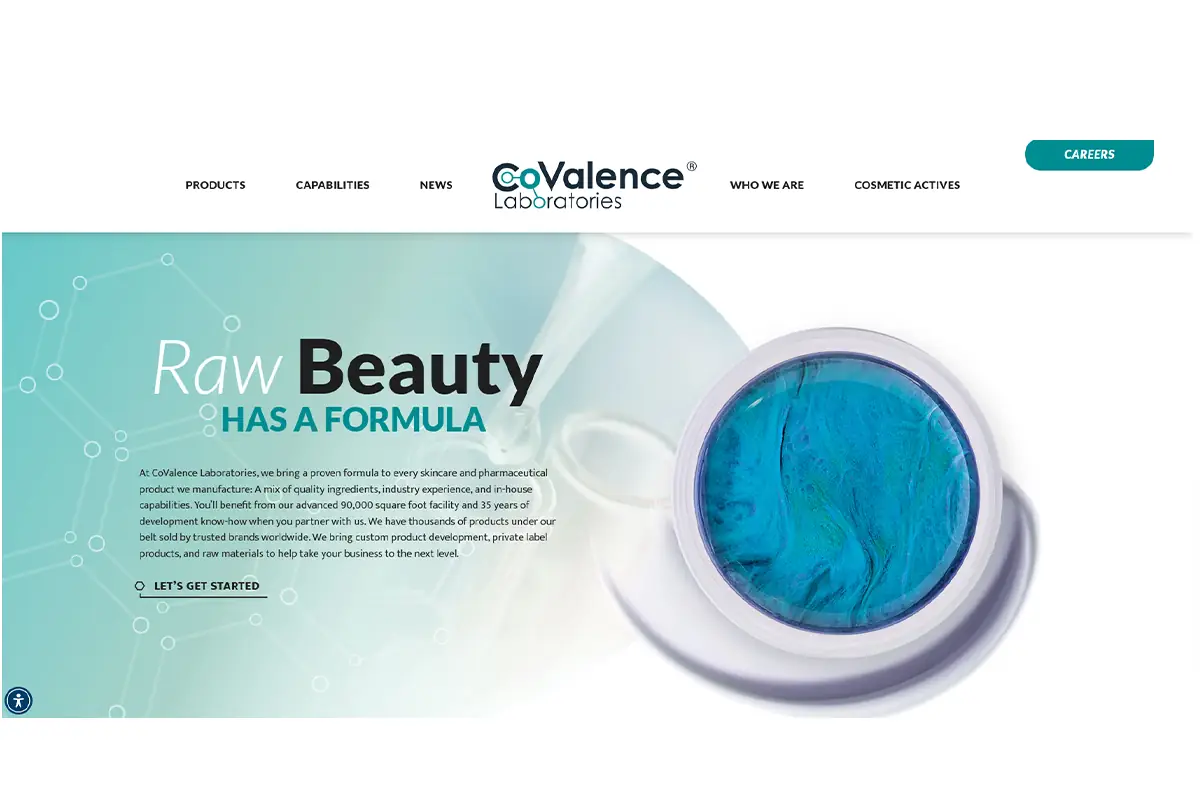 Screenshot of CoValence Laboratories official website showing private label skincare, custom development, R&D, manufacturing, and quality support capabilities