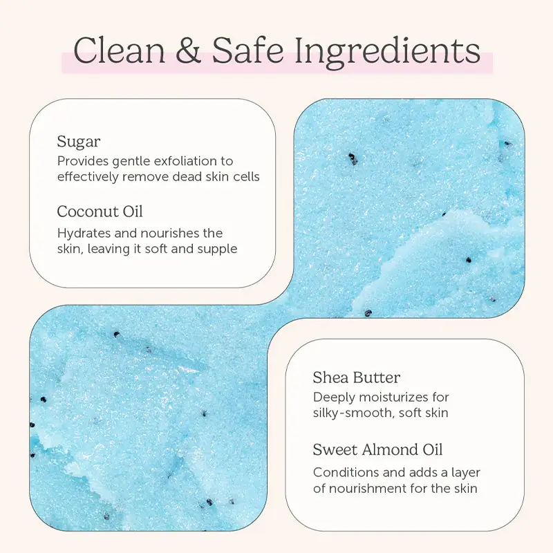 Clean and safe ingredients for coconut oil sugar body scrub with shea butter and sweet almond oil