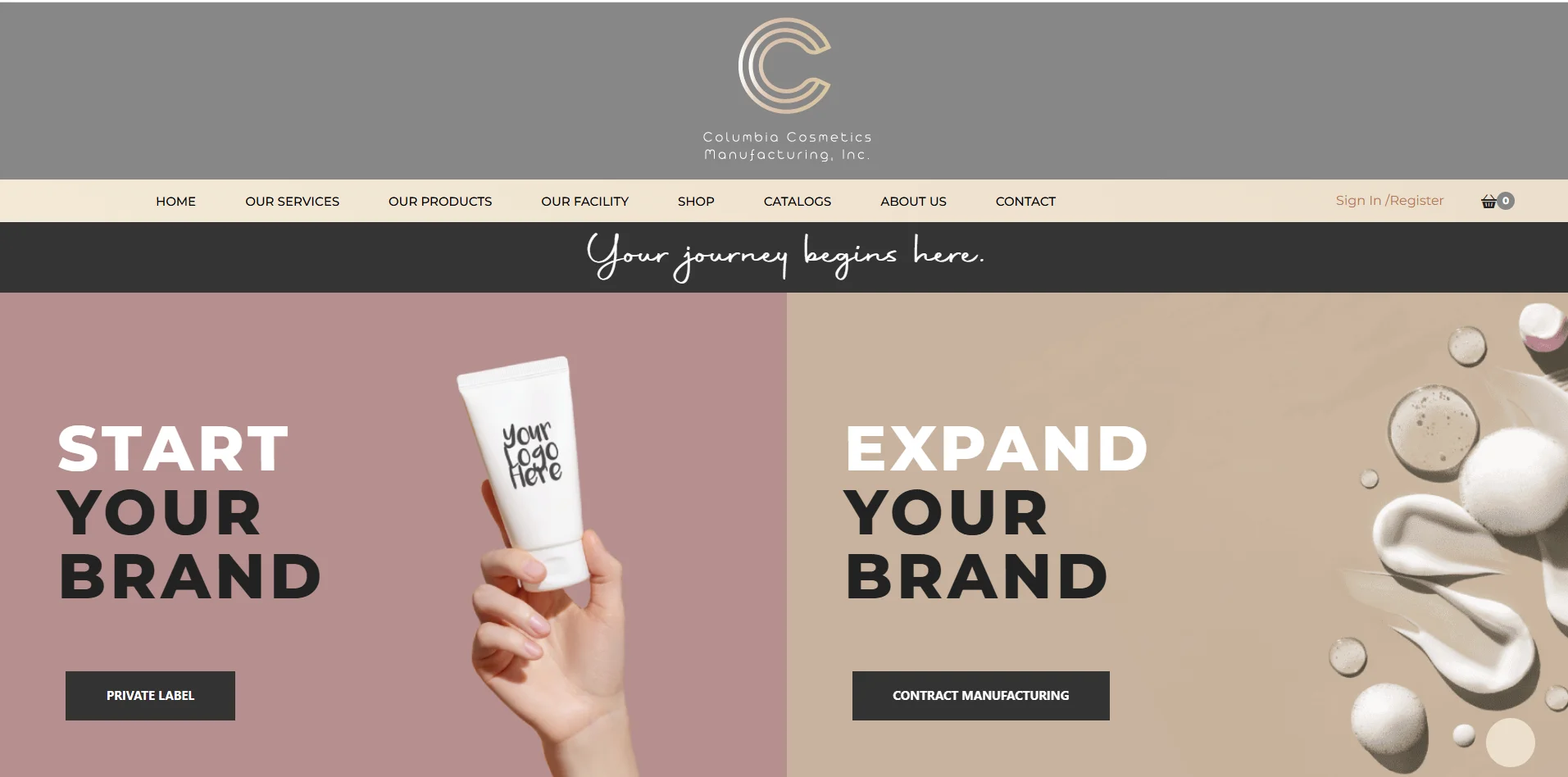 Screenshot of Columbia Cosmetics website representing private label cosmetics, color cosmetics, skincare, white label services, and US beauty manufacturing support