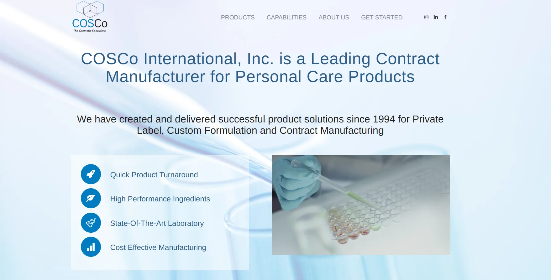 Screenshot of Cosco International website representing prestige cosmetics, clean beauty formulas, private label stock formulas, and custom beauty manufacturing
