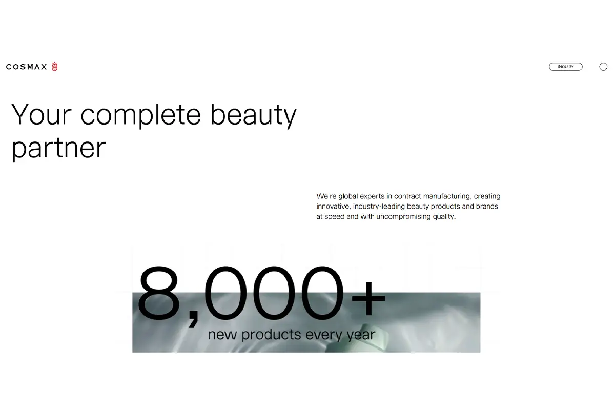 Screenshot of Cosmax official website showing global cosmetic ODM manufacturing, R&D, and skincare production capabilities