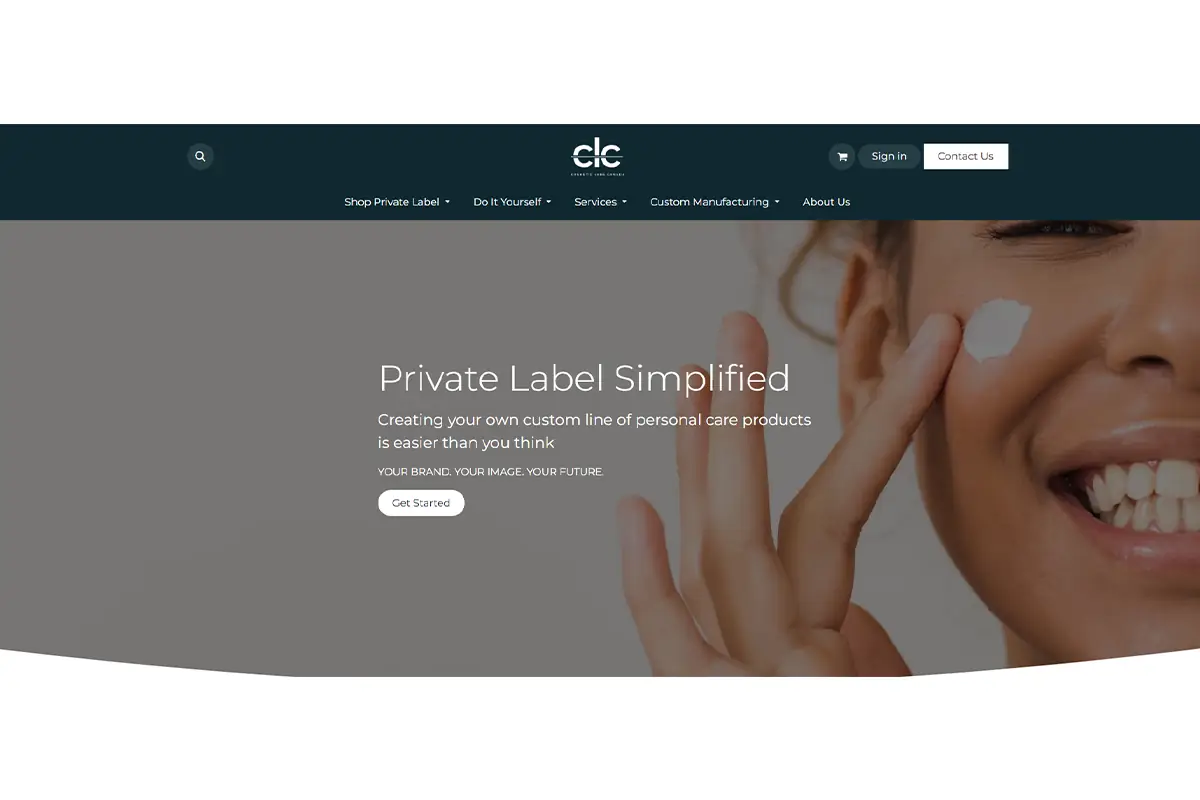 Screenshot of Cosmetic Labs Canada official website showing private label beauty manufacturing, hair care, skincare, low minimums, rapid turnaround and in-house design support