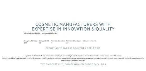 Cosmewax website screenshot showing European private label cosmetics manufacturing and contract manufacturing services