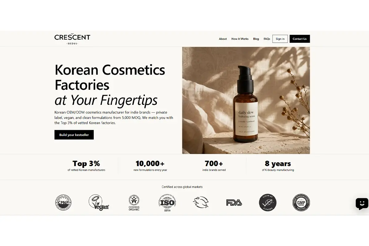 Crescent Seoul Korean skincare OEM sourcing partner for private label brands custom formulation and packaging support