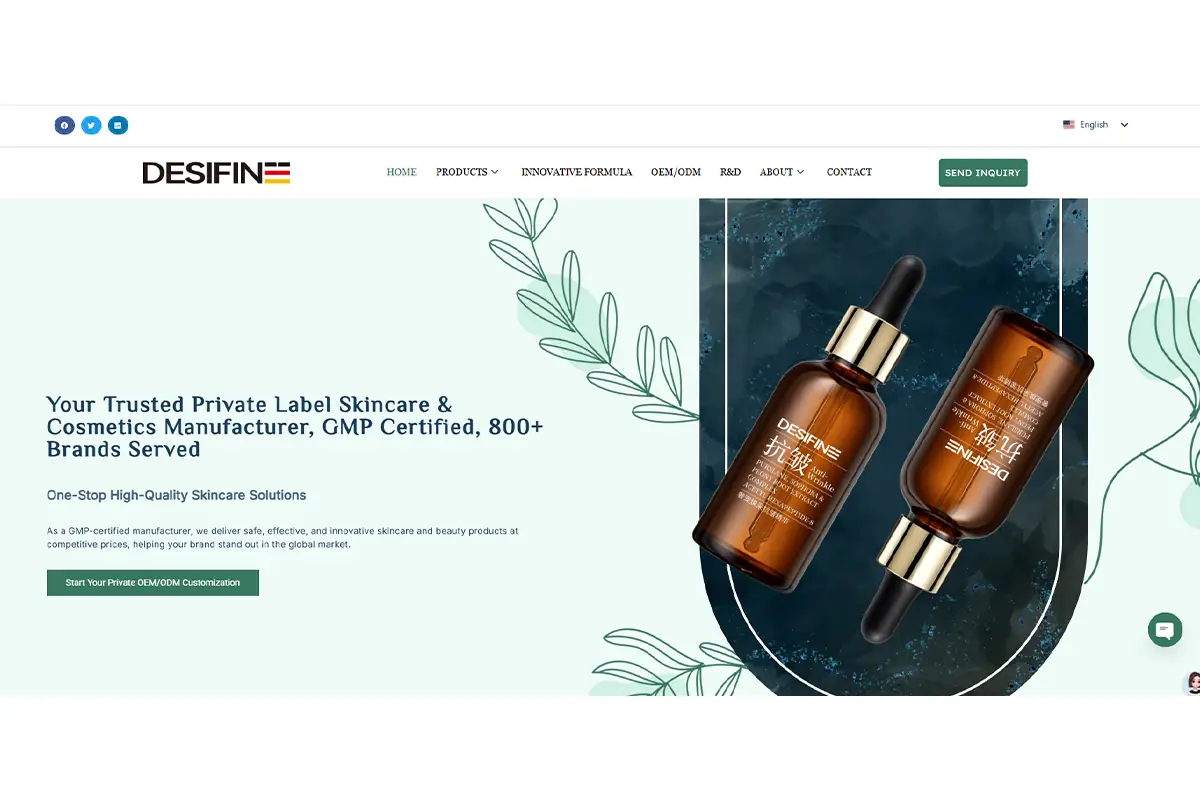 Screenshot of DESIFINE Biotechnology official website showing private label skincare and cosmetics manufacturing services