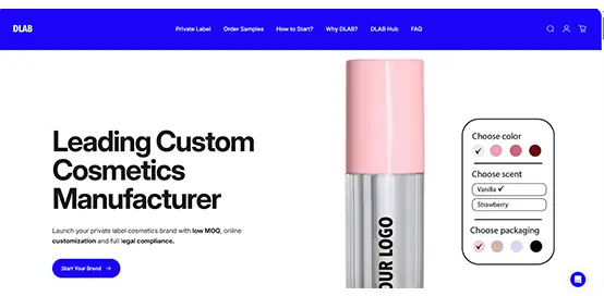 DLAB Custom Cosmetics website screenshot showing European private label cosmetics and custom hair care manufacturing services