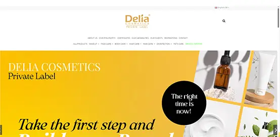 Delia Cosmetics website screenshot showing private label and contract manufacturing for skincare, makeup, and hair care products