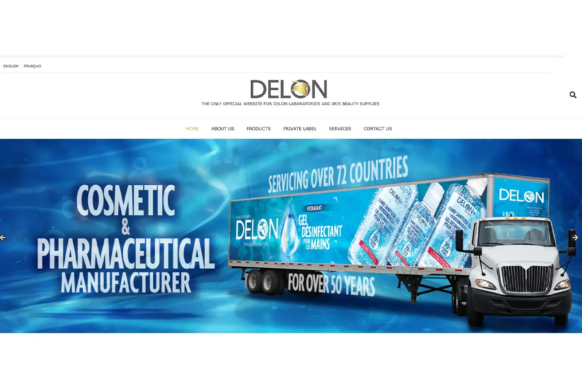 Screenshot of Delon Laboratories official website showing private label and contract manufacturing services for professional skincare, haircare and personal care products