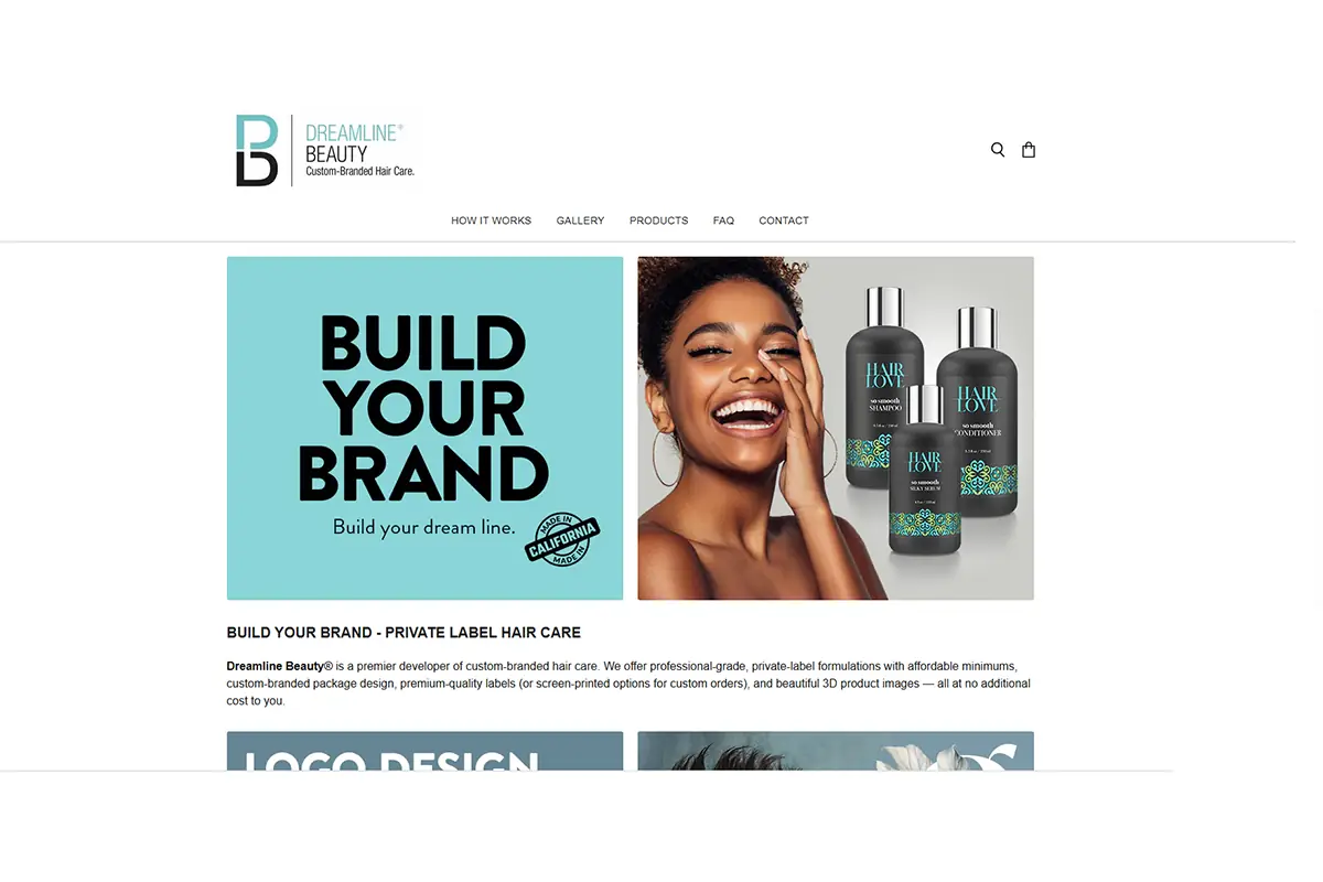 Dreamline Beauty website showing custom branded private label hair care products for salons