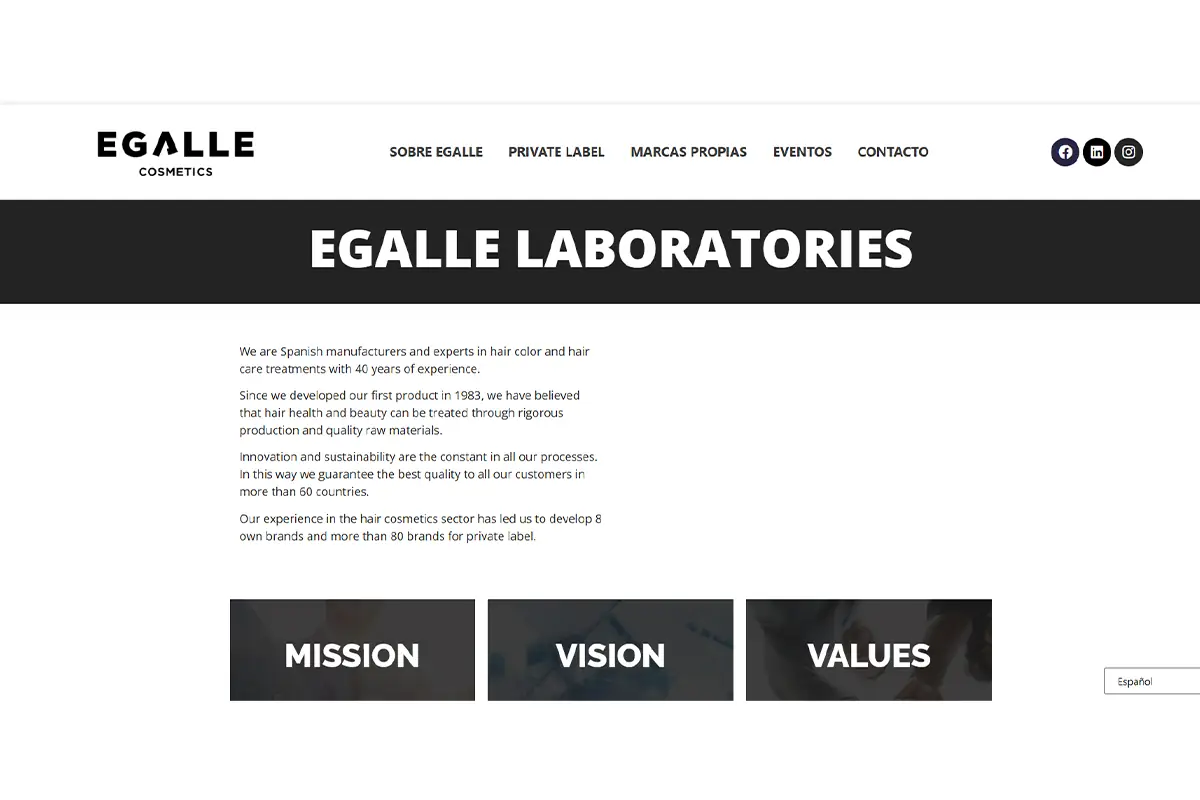 Screenshot of Egalle Cosmetics, a Spanish manufacturer specializing in hair color, hair care treatments and private label hair products