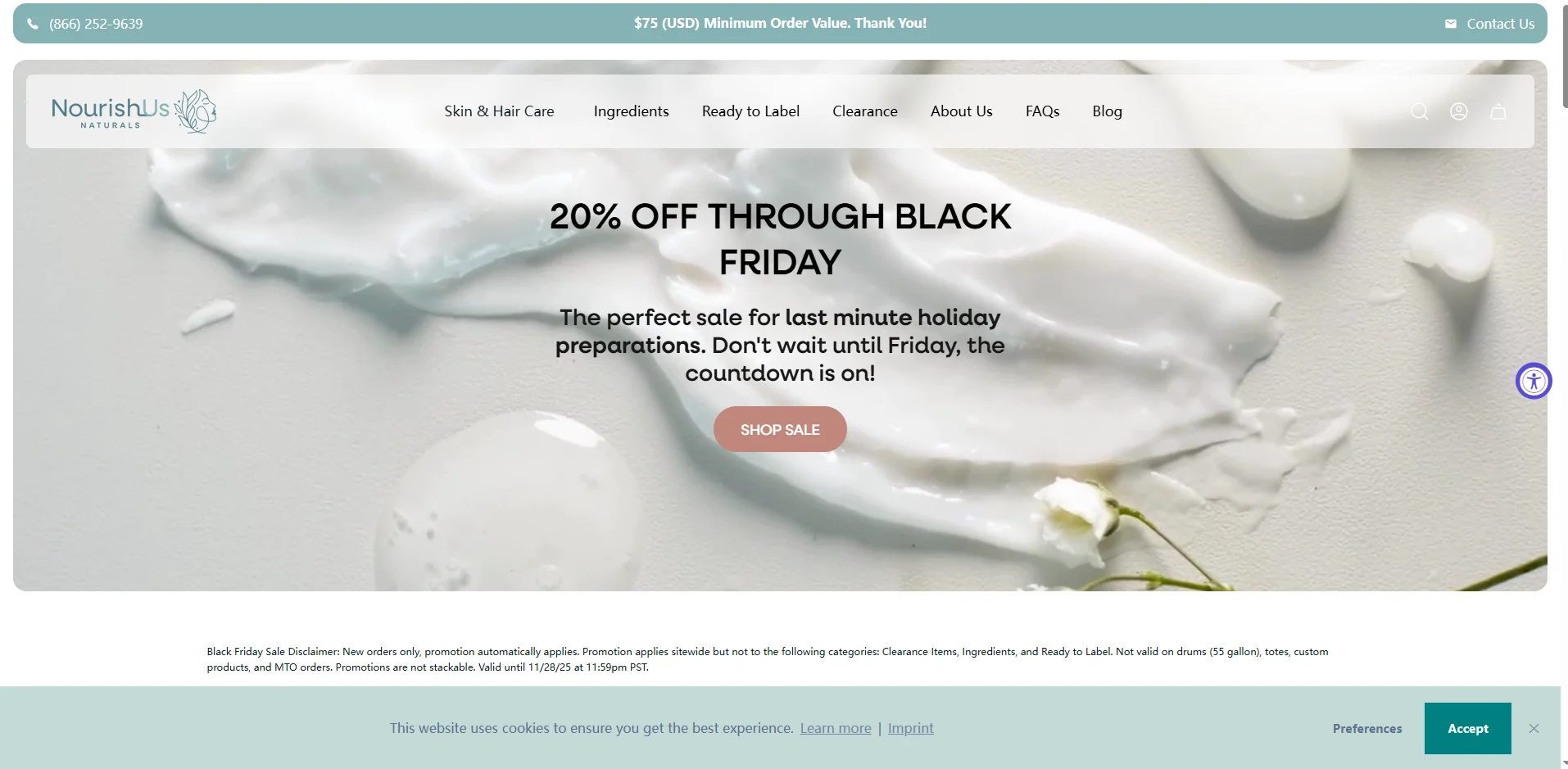 Screenshot of Essential Wholesale website representing natural and organic beauty bases, private label skincare, clean beauty, and bulk product support