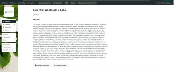 Essential Wholesale and Labs page showing private label skincare, wholesale beauty, and custom formulation services
