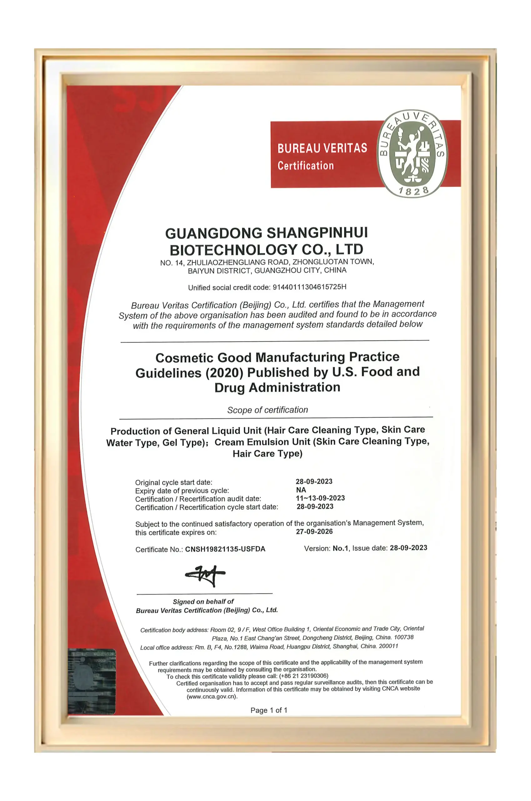 Bureau Veritas audit certificate based on cosmetic good manufacturing practice guidelines published by the U.S. FDA