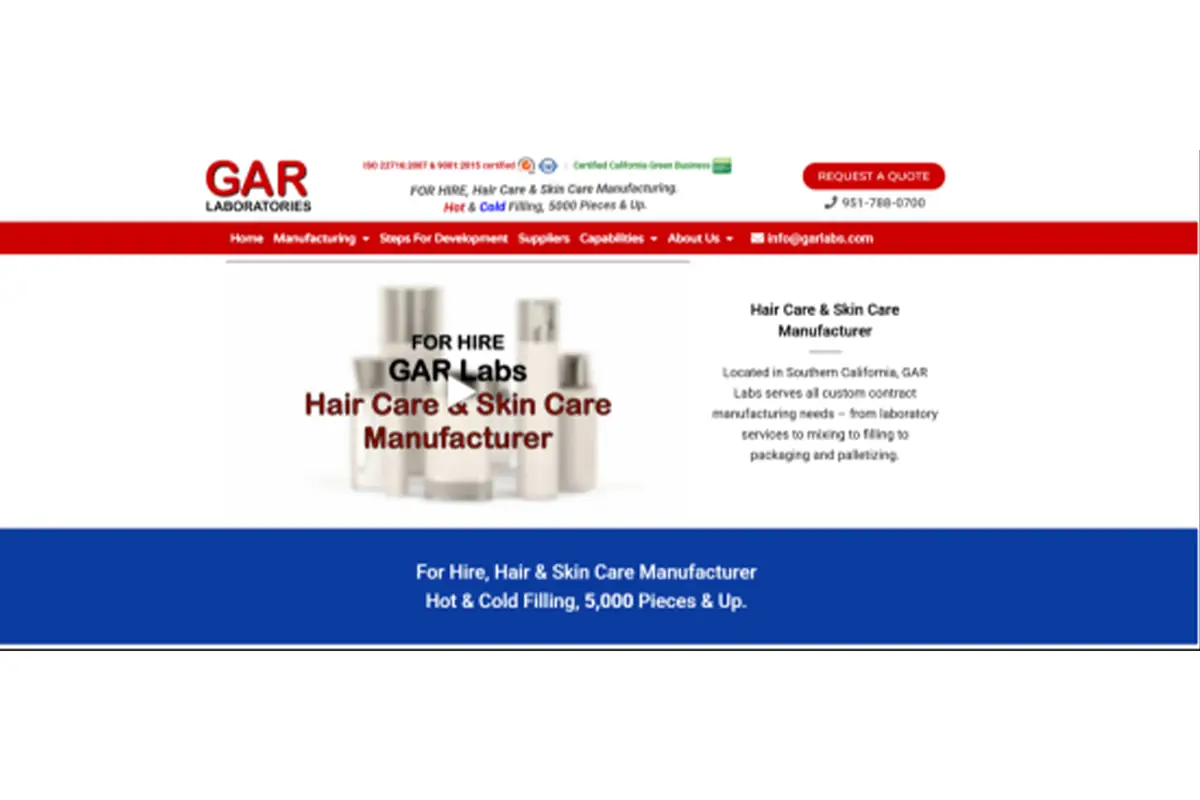 GAR Laboratories website showing hair care and skin care contract manufacturing services in the USA