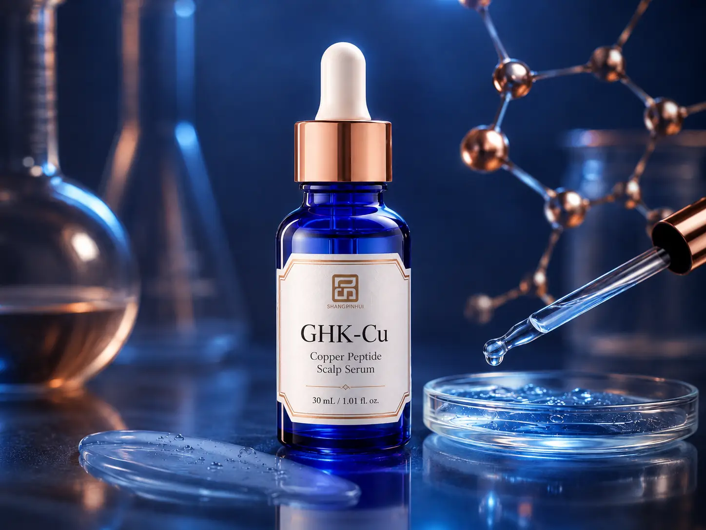 GHK-Cu copper peptide scalp serum in a laboratory setting for private label peptide hair care formulation