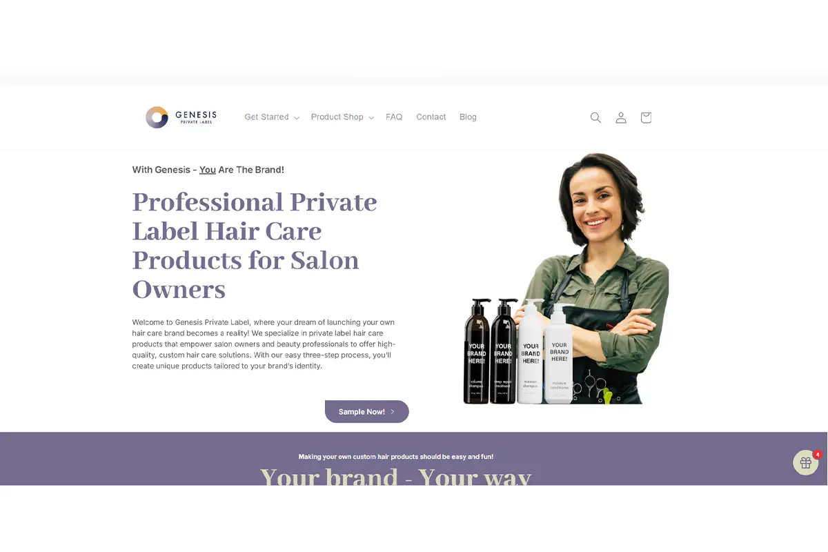Genesis Private Label website showing salon private label hair care products and custom packaging support