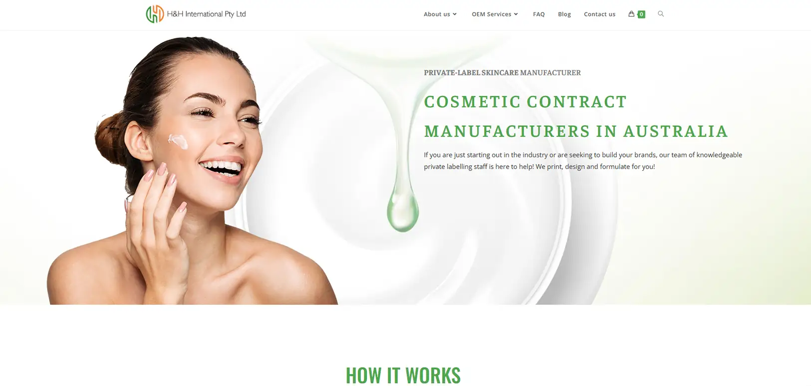 H&H Australia website screenshot showing cosmetic contract manufacturing and private label skincare services in Australia
