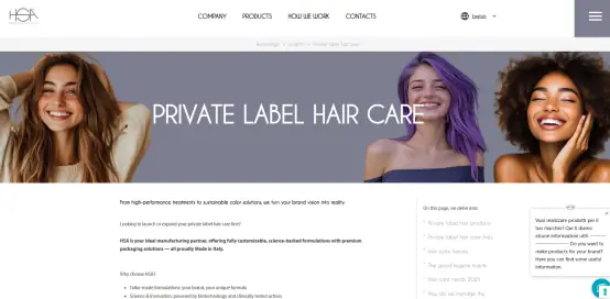 HSA Cosmetics website screenshot showing private label hair care manufacturing services in Italy