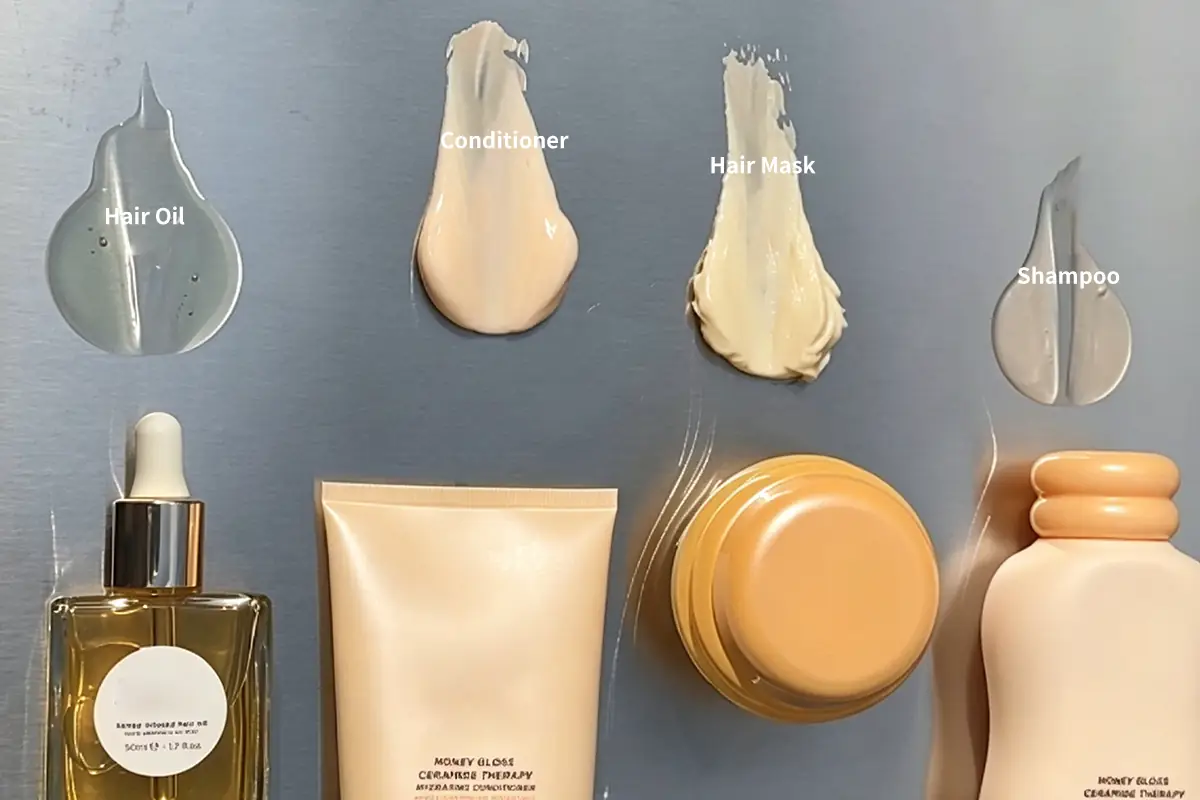 Hair oil, conditioner, hair mask, and shampoo textures showing hair care ingredients for private label brands