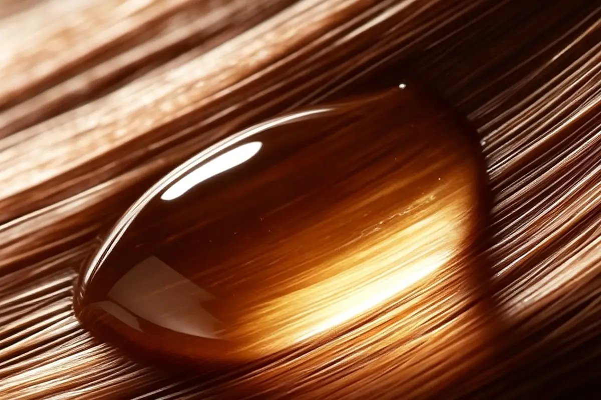 Hair oil droplet on hair fiber showing shine softness and conditioning effect for multi-use hair and scalp oil formulas