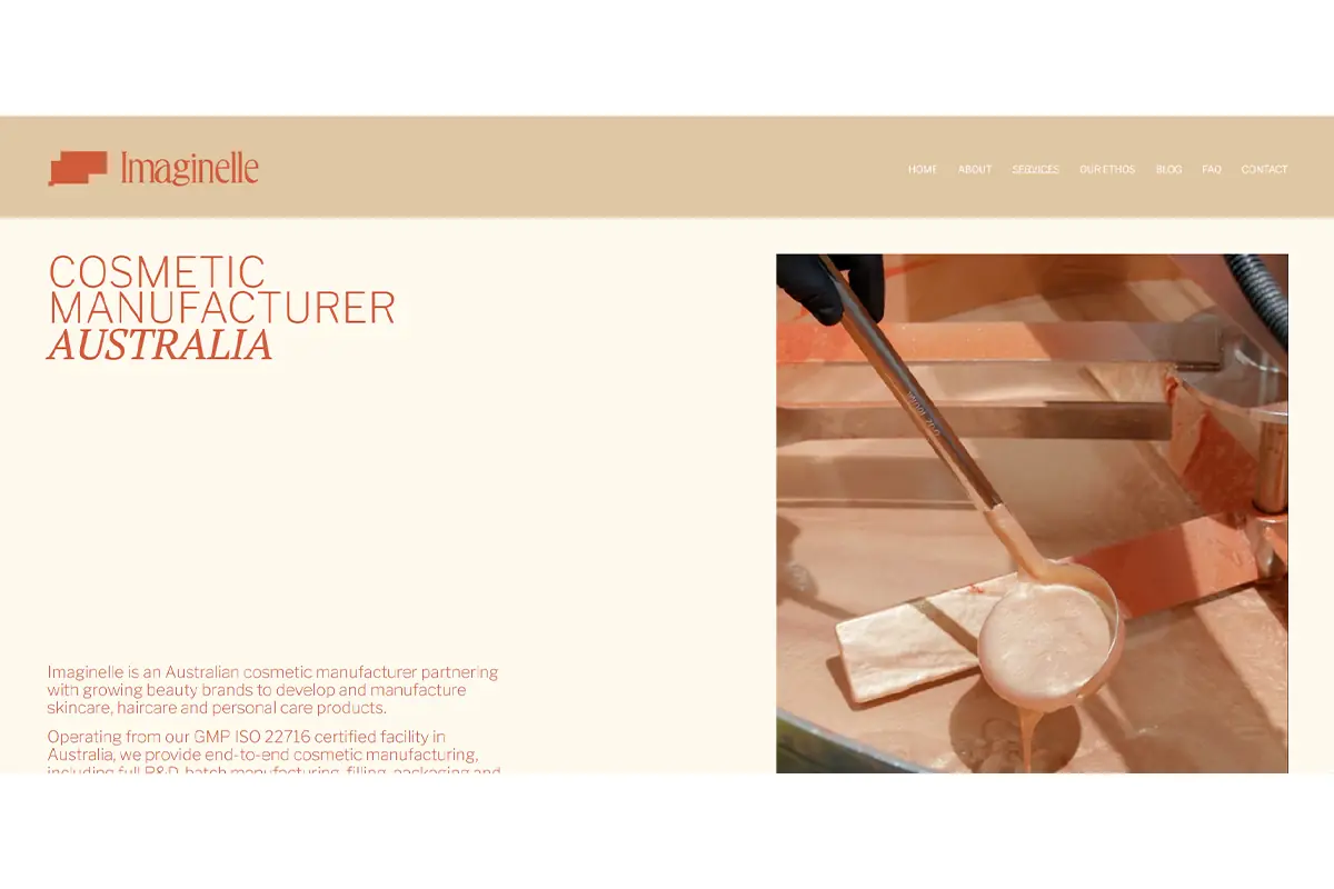 Screenshot of Imaginelle official website showing Australian cosmetic manufacturing, skincare, haircare, personal care, GMP ISO 22716 facility, R&D, filling, packaging and quality control