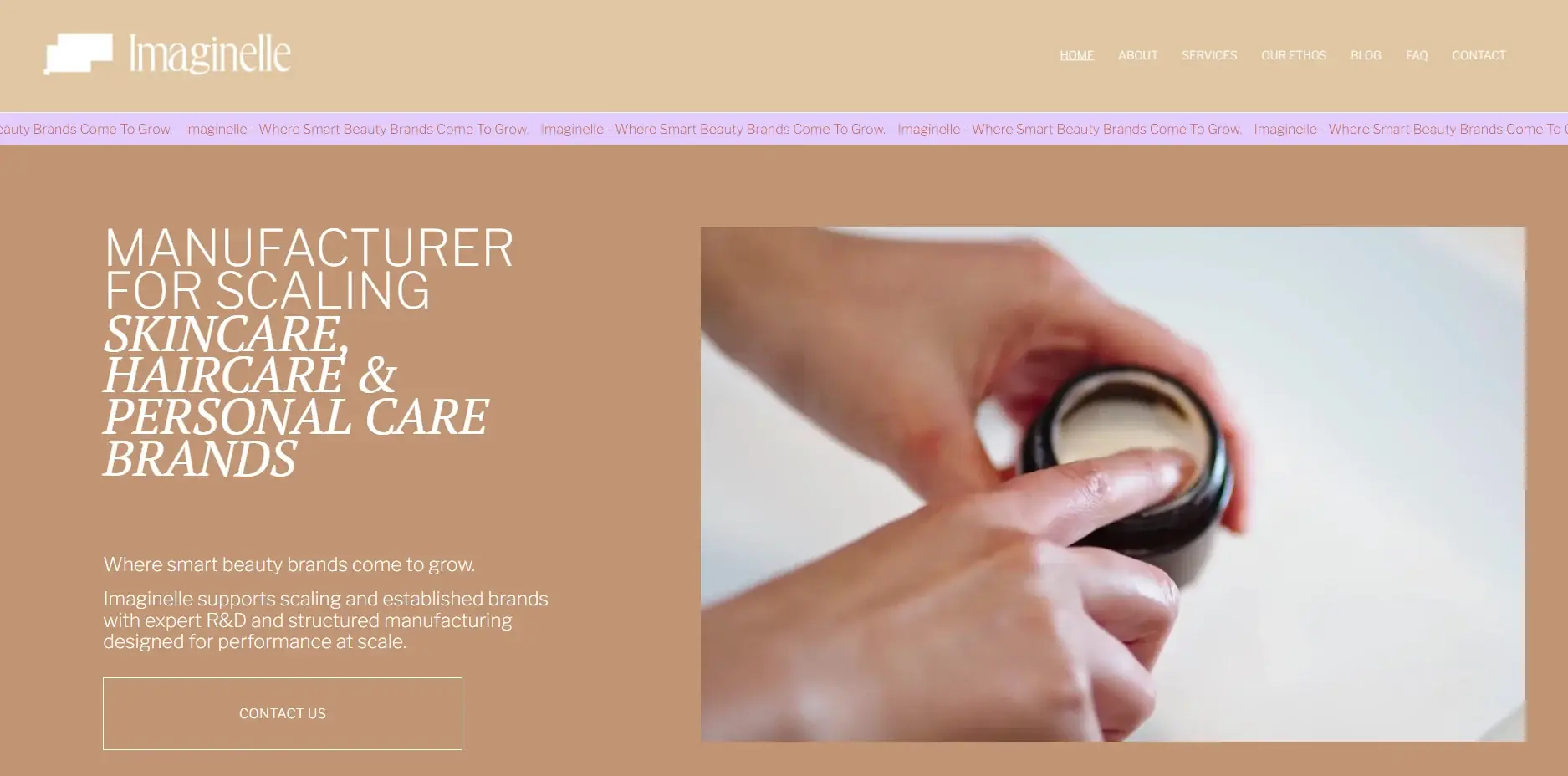 Imaginelle website screenshot showing contract manufacturing for scaling skincare, haircare, and personal care brands