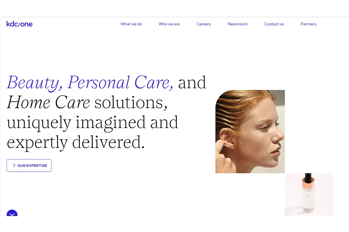 Screenshot of KDC ONE official website showing global beauty, personal care, formulation, packaging, design and manufacturing solutions