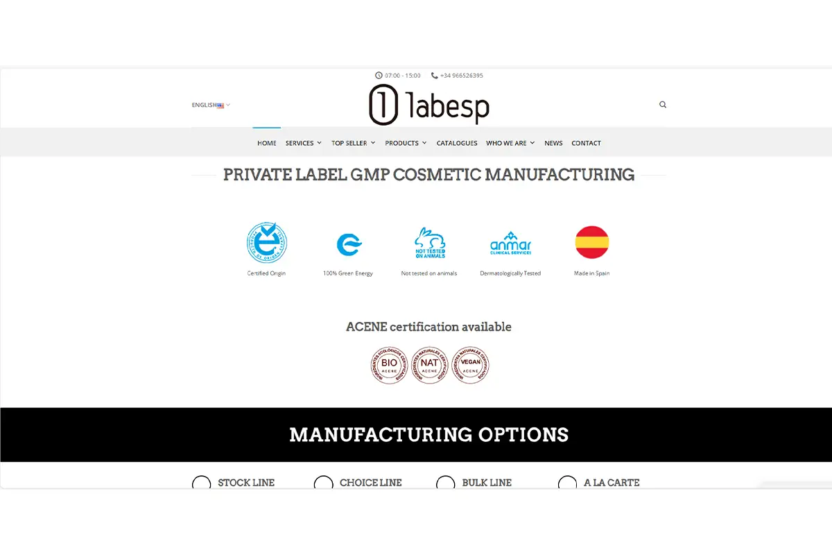 Screenshot of LABESP, a private label GMP cosmetic manufacturer in Spain offering R&D, filling, packaging and regulatory support