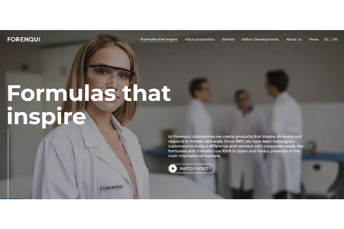 Screenshot of Laboratorios Forenqui, a Spanish private label manufacturer covering hair, body and child care products